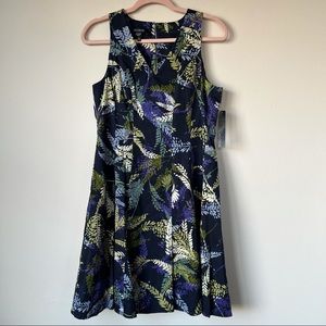 Adorne NWT Navy Fit & Flare Dress Leaf Pattern V Neck Size 8